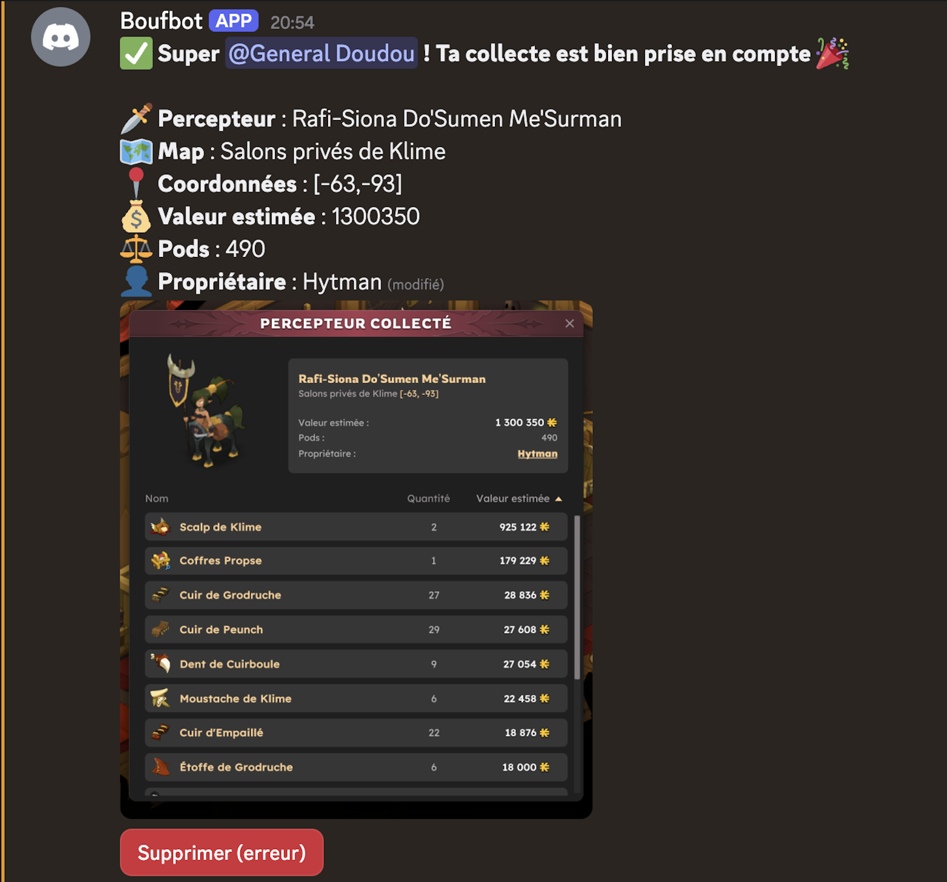 Tableau de suivi Banque d'alliance avec récoltes de percepteurs et contributeurs Dofus