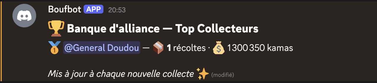 Capture Module économie d'alliance pour Top récolteurs